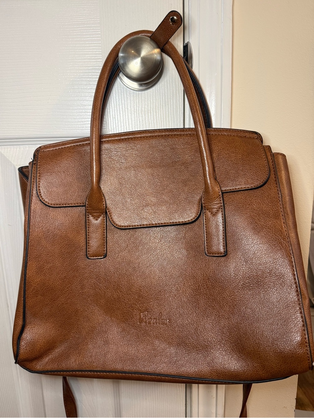 Realer Cognac Brown Satchel Crossbody Tote Faux Leather Work Laptop Bag